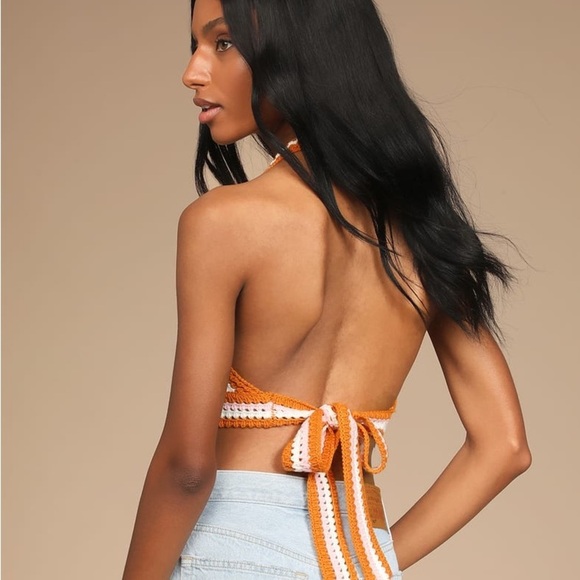 LULUS Groovy Vibes Cream Multi Knit Halter Cropped Sweater Crochet Tank Top - Picture 4 of 9